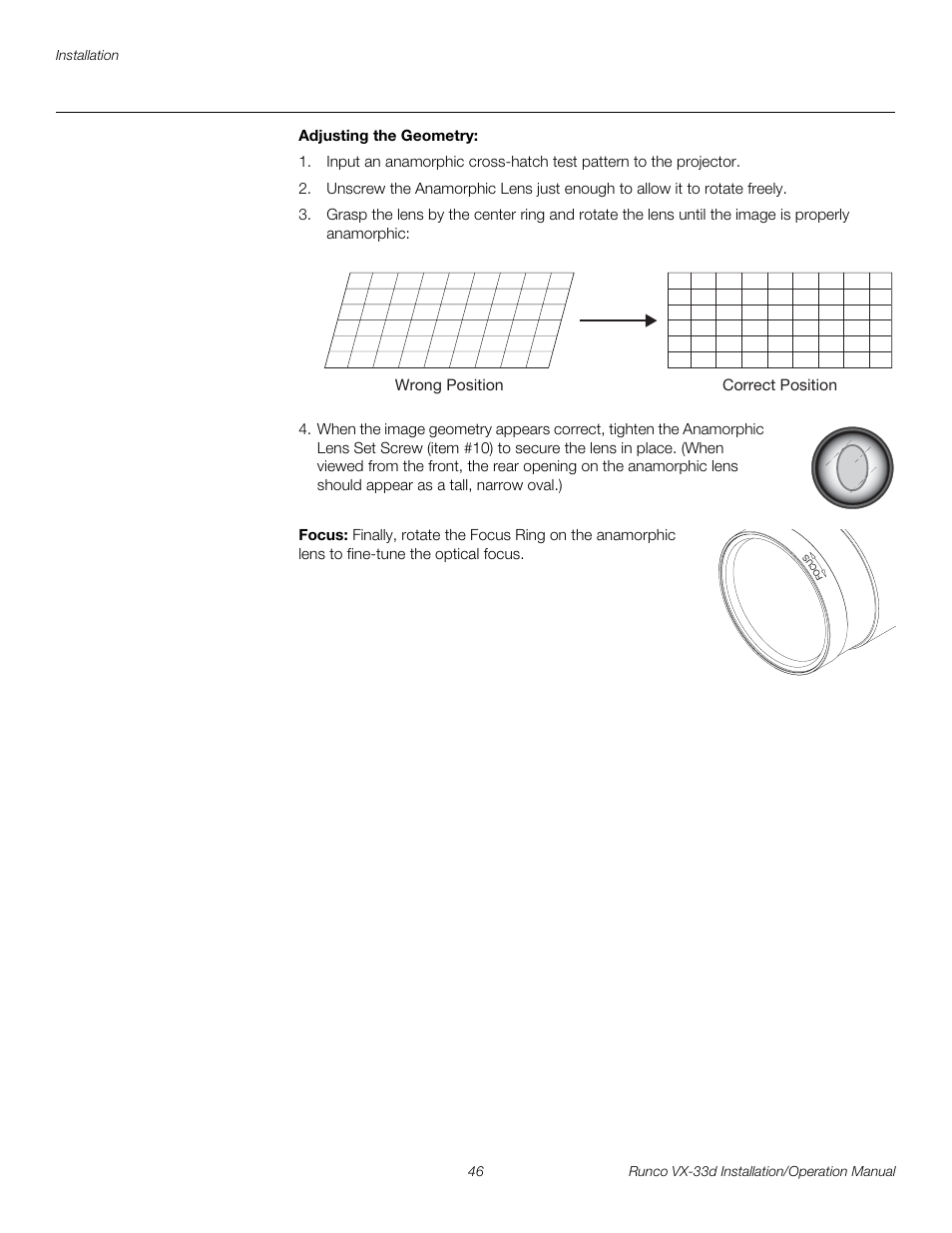 Adjusting the geometry, Focus, Pre l iminar y | Runco VX VIDEO XTREME VX-33D User Manual | Page 62 / 94