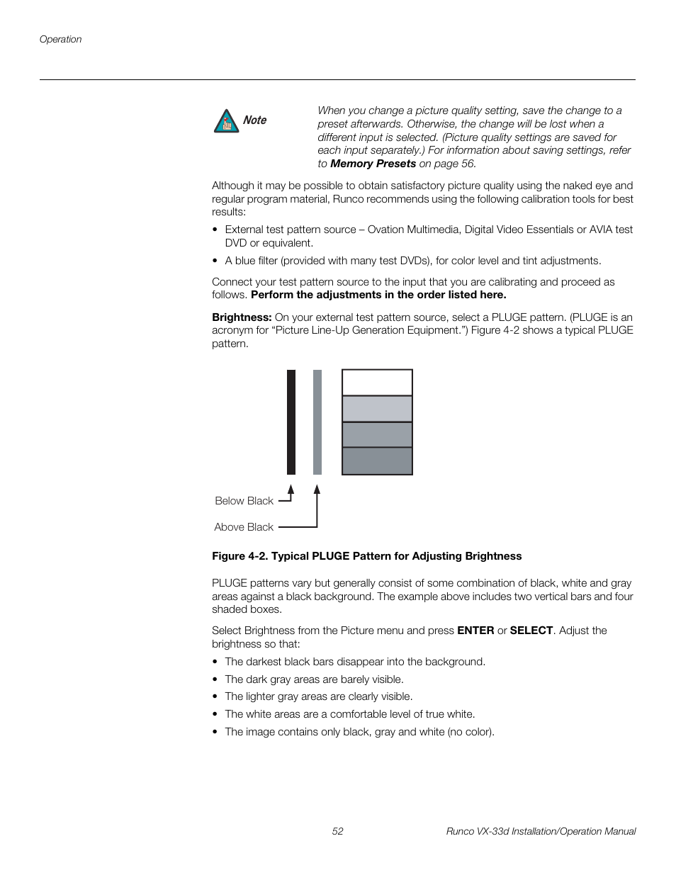 Brightness, 2. typical pluge pattern for adjusting brightness, Pre l iminar y | Runco VX VIDEO XTREME VX-33D User Manual | Page 68 / 94