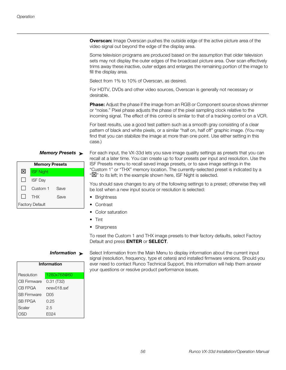 Overscan, Phase, Memory presets | Information, H 56, Pre l iminar y | Runco VX VIDEO XTREME VX-33D User Manual | Page 72 / 94