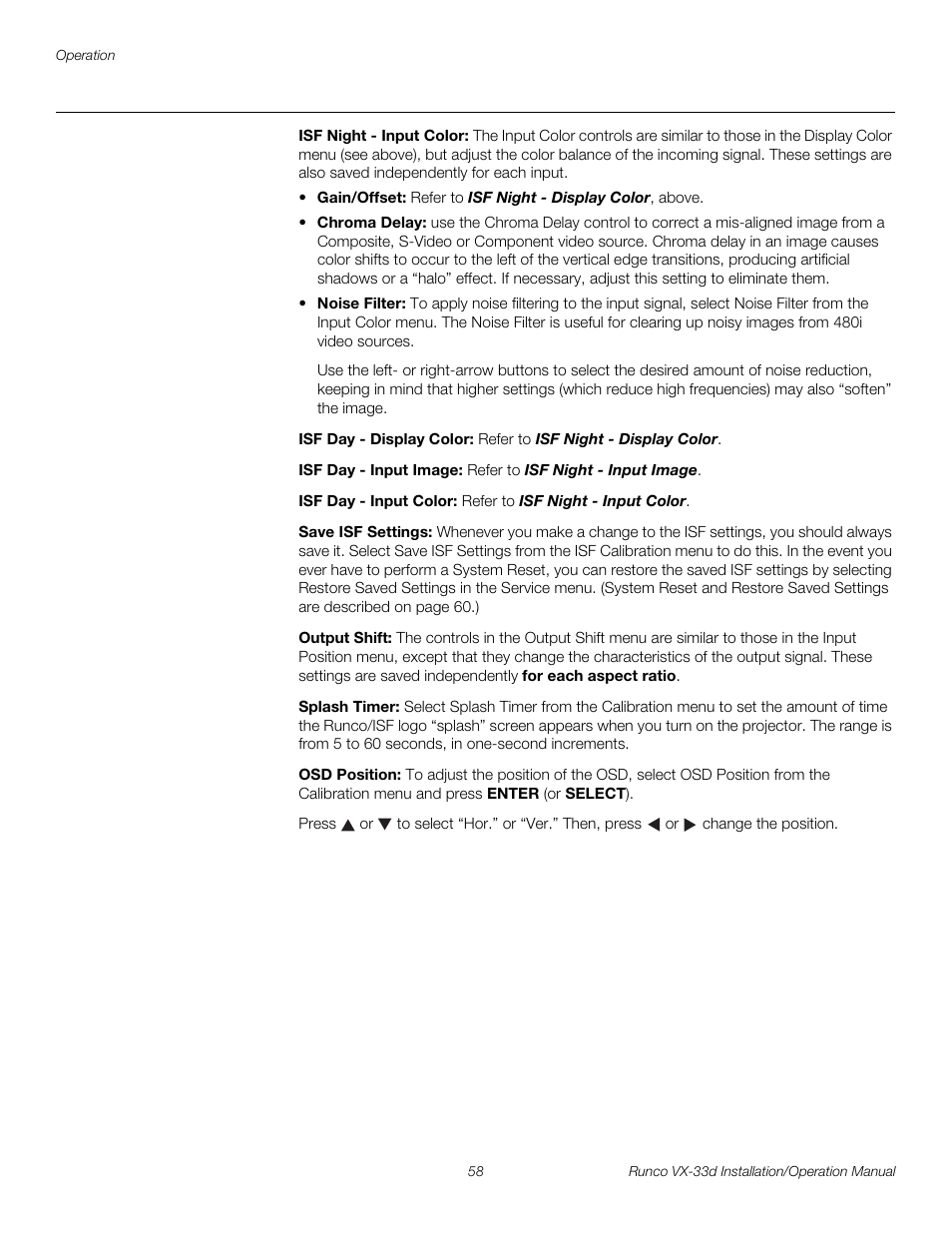 Isf night - input color, Isf day - display color, Isf day - input image | Isf day - input color, Save isf settings, Output shift, Splash timer, Osd position, Pre l iminar y | Runco VX VIDEO XTREME VX-33D User Manual | Page 74 / 94