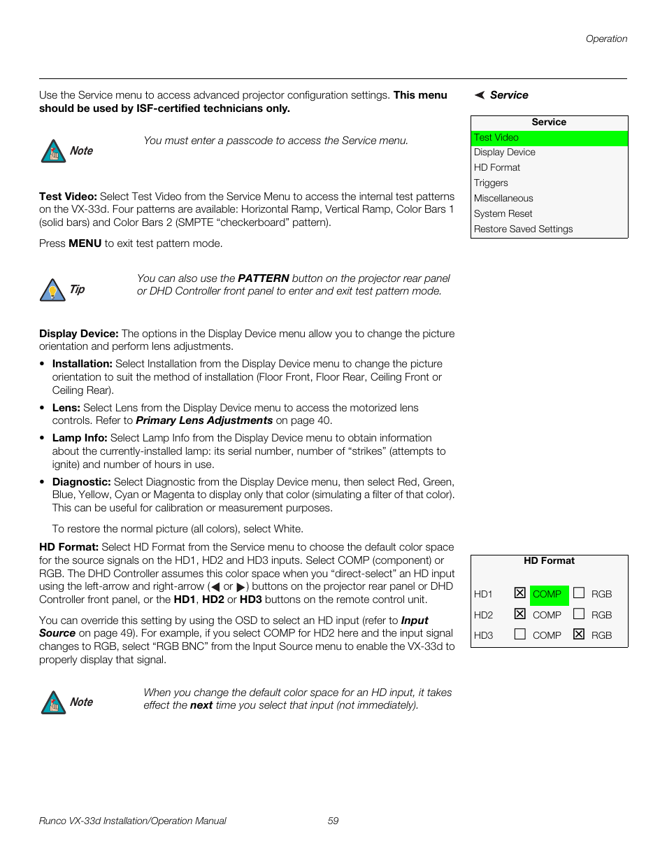 Service, Test video, Display device | Hd format, Pre l iminar y | Runco VX VIDEO XTREME VX-33D User Manual | Page 75 / 94