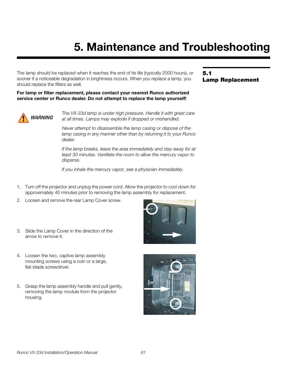 Maintenance and troubleshooting, 1 lamp replacement, Lamp replacement | Pre l iminar y | Runco VX VIDEO XTREME VX-33D User Manual | Page 77 / 94