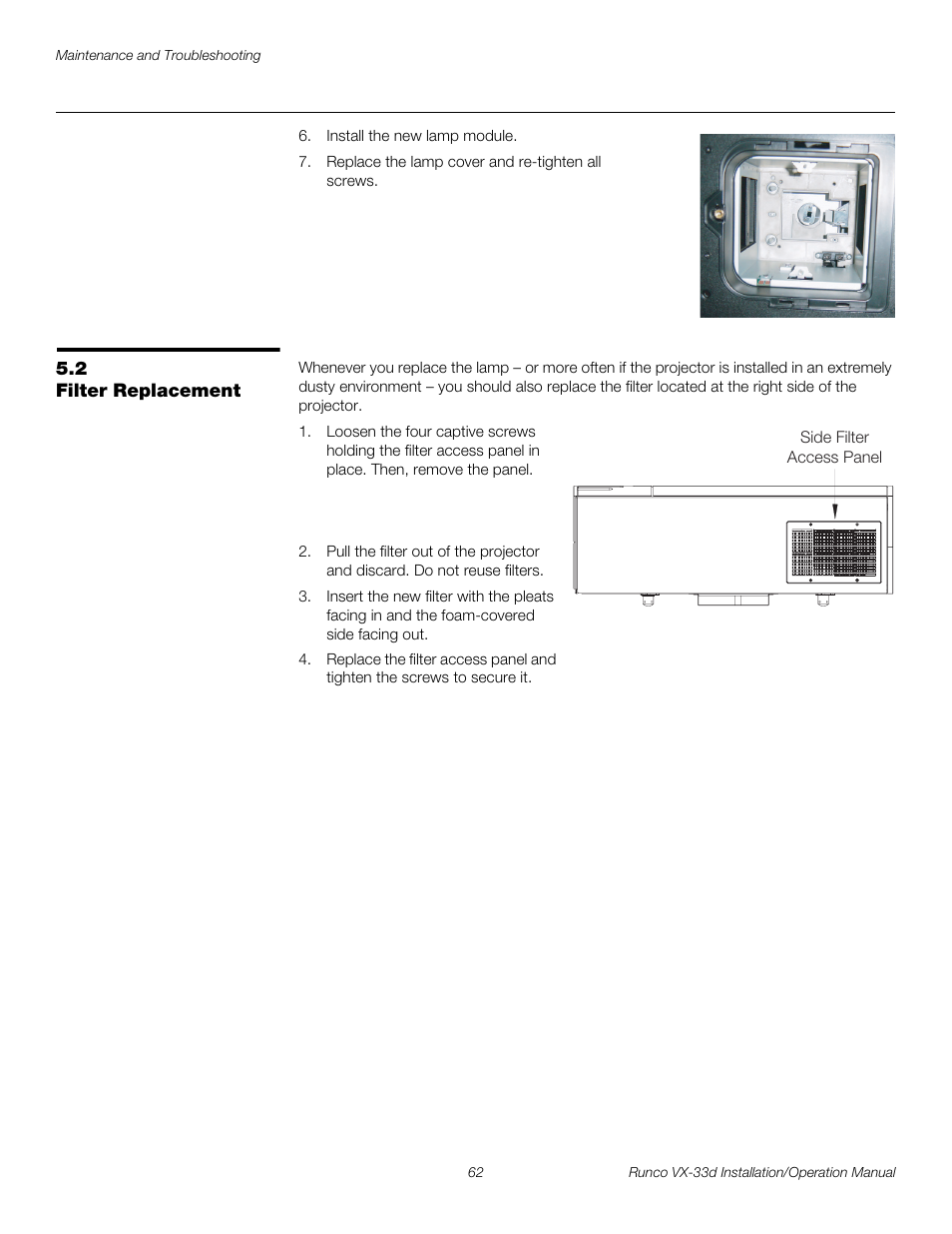 2 filter replacement, Filter replacement, Pre l iminar y | Runco VX VIDEO XTREME VX-33D User Manual | Page 78 / 94