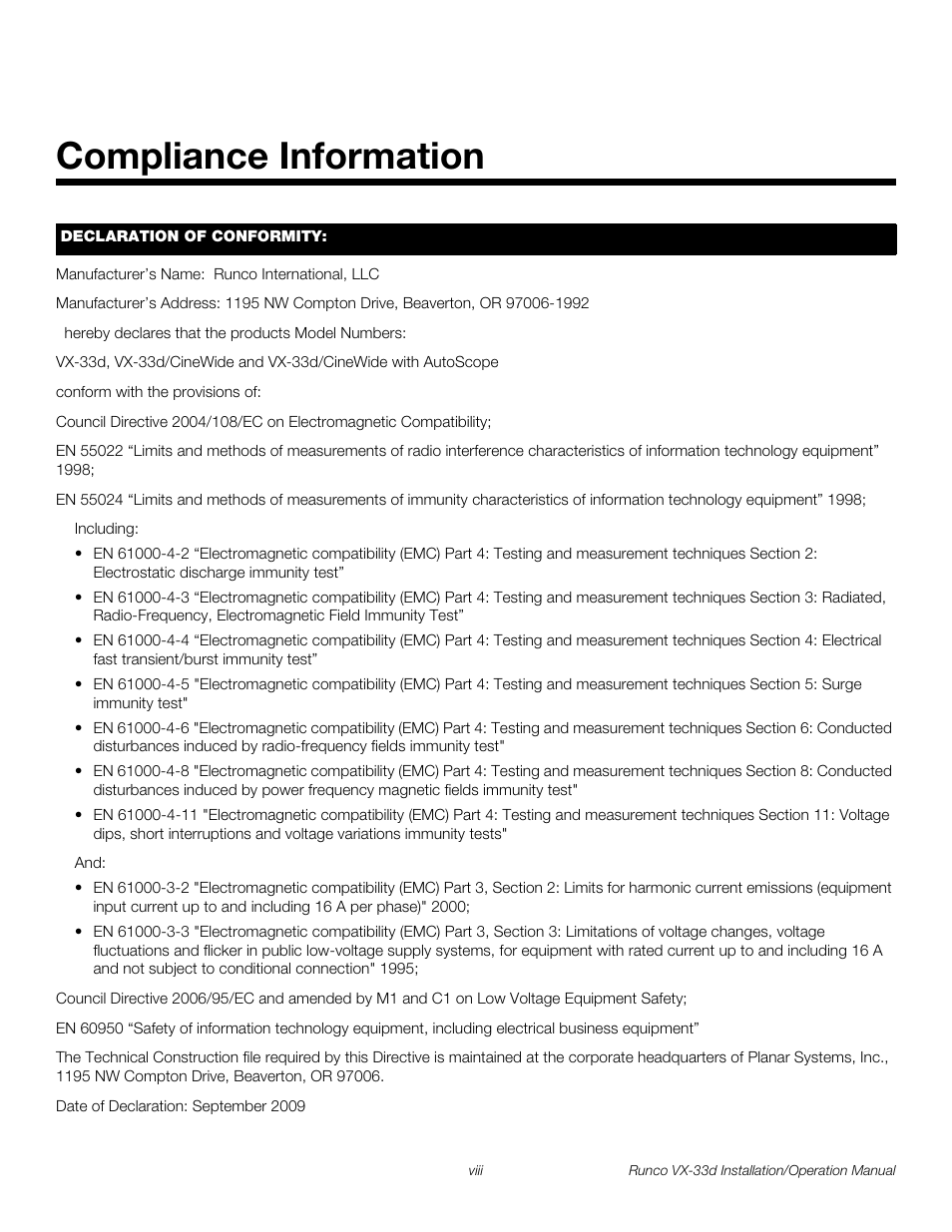 Compliance information, Pre l iminar y | Runco VX VIDEO XTREME VX-33D User Manual | Page 8 / 94