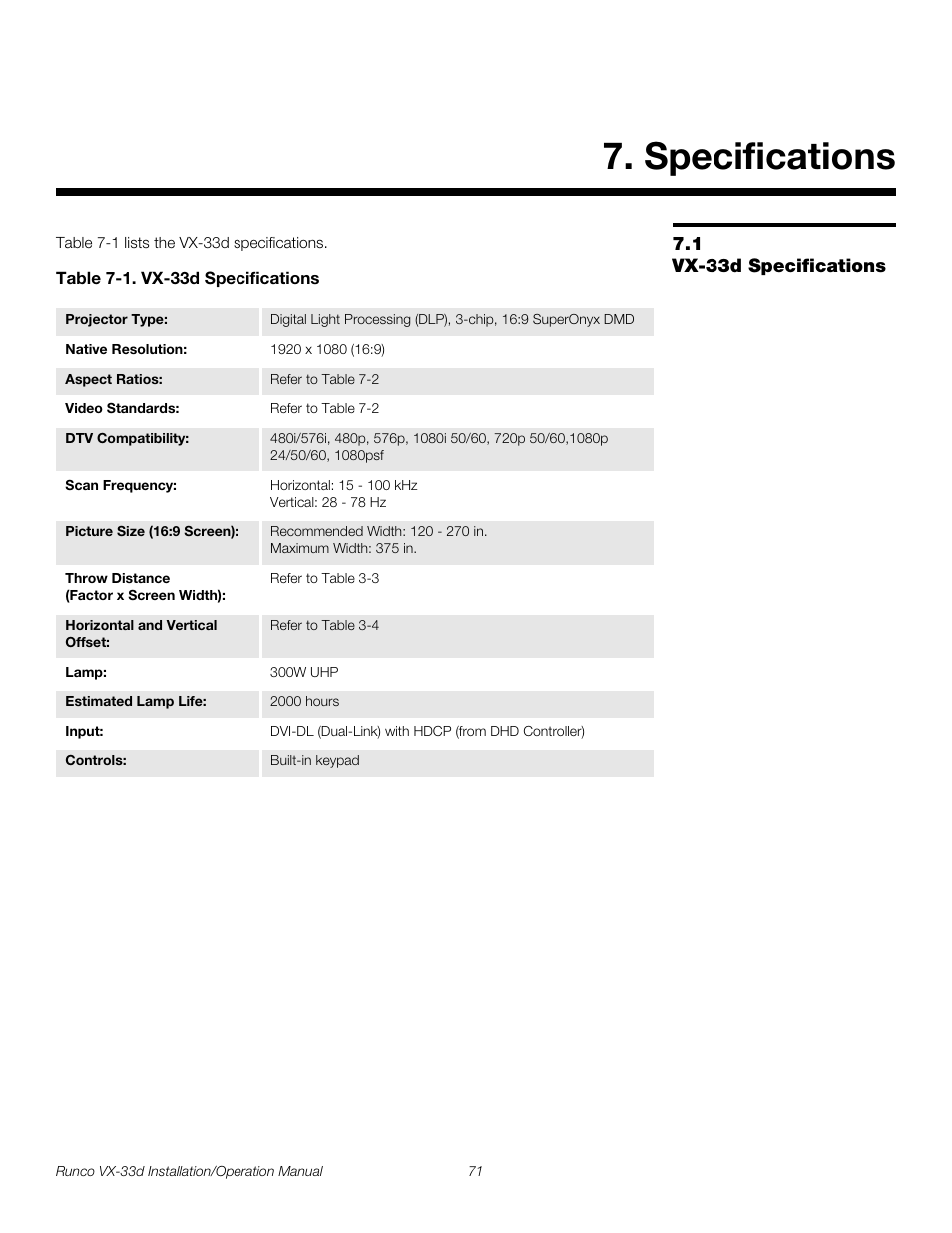 Specifications, 1 vx-33d specifications, Table 7-1 . vx-33d specifications | Vx-33d specifications, Pre l iminar y | Runco VX VIDEO XTREME VX-33D User Manual | Page 87 / 94