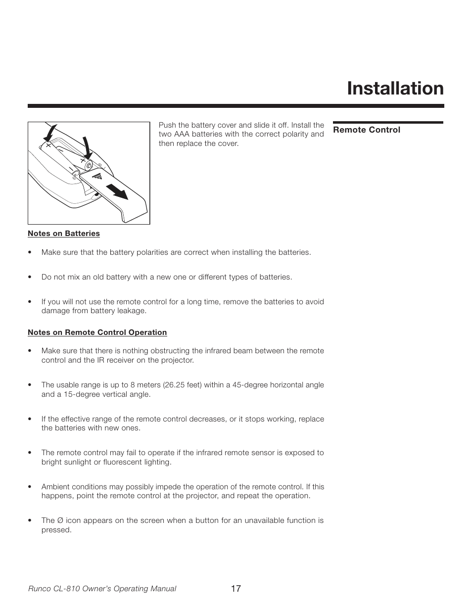 Installation, Remote control | Runco CL-810 User Manual | Page 17 / 58