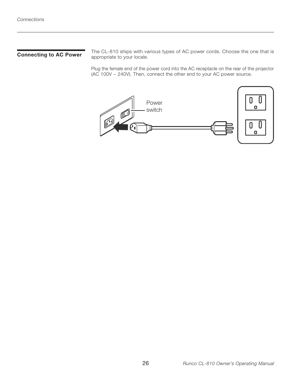 Connecting to ac power | Runco CL-810 User Manual | Page 26 / 58