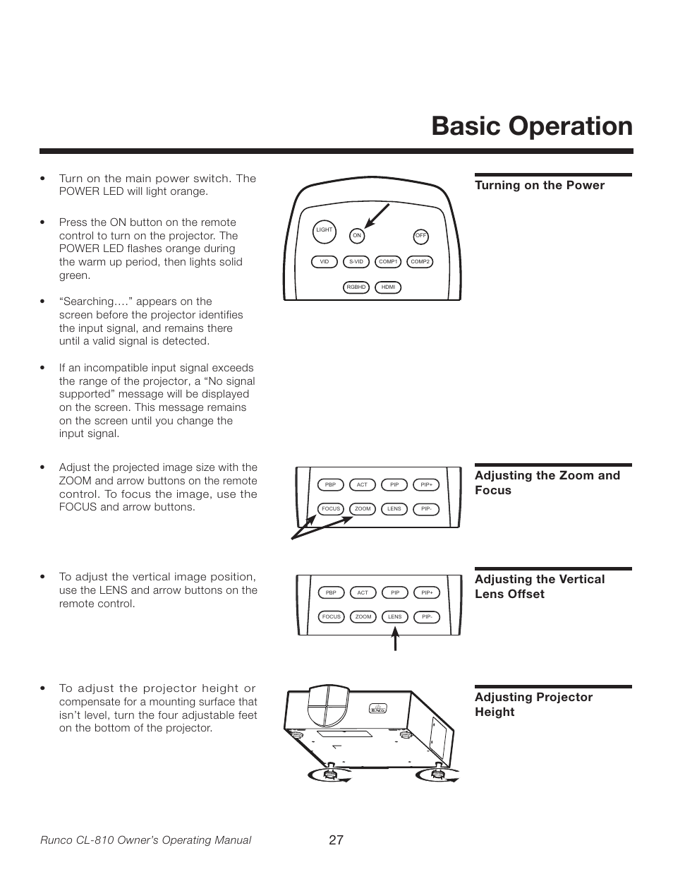 Basic operation, Turning on the power, Adjusting the zoom and focus | Adjusting the vertical lens offset, Adjusting projector height | Runco CL-810 User Manual | Page 27 / 58