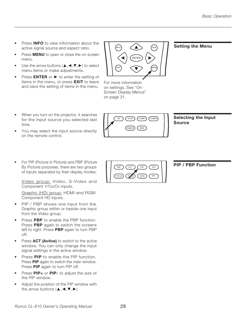 Setting the menu, Selecting the input source, Pip / pbp function | Selecting the input source pip / pbp function | Runco CL-810 User Manual | Page 29 / 58