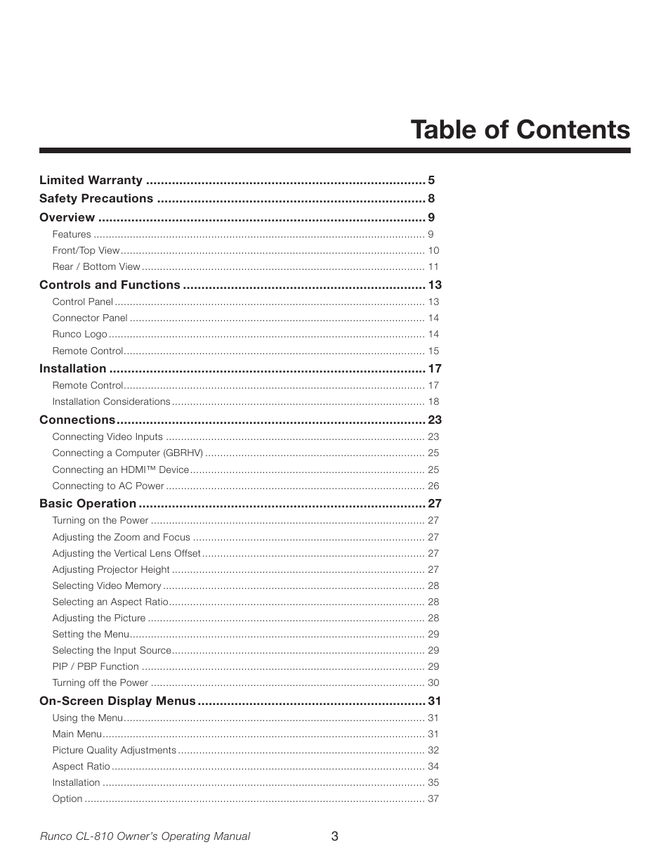 Runco CL-810 User Manual | Page 3 / 58