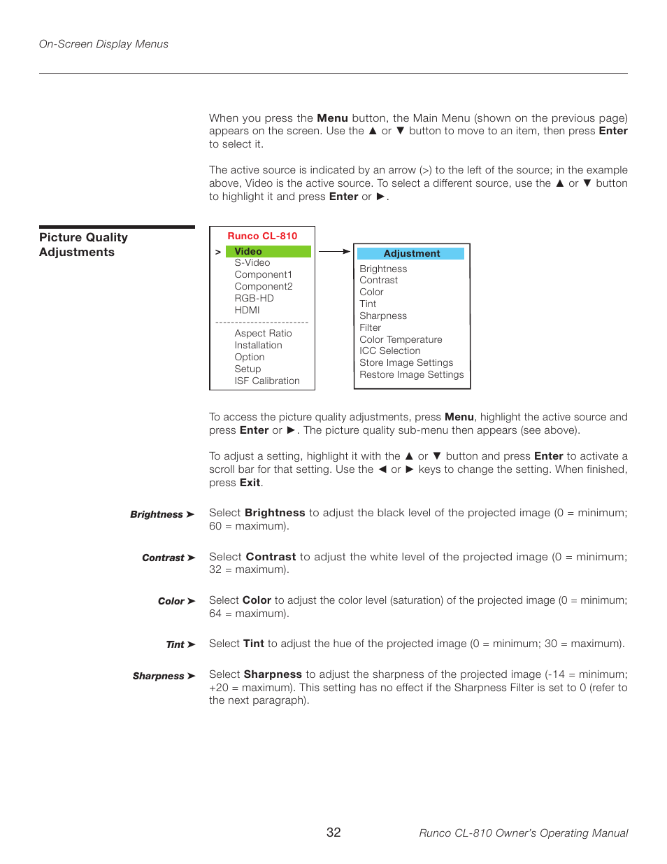 Picture quality adjustments | Runco CL-810 User Manual | Page 32 / 58
