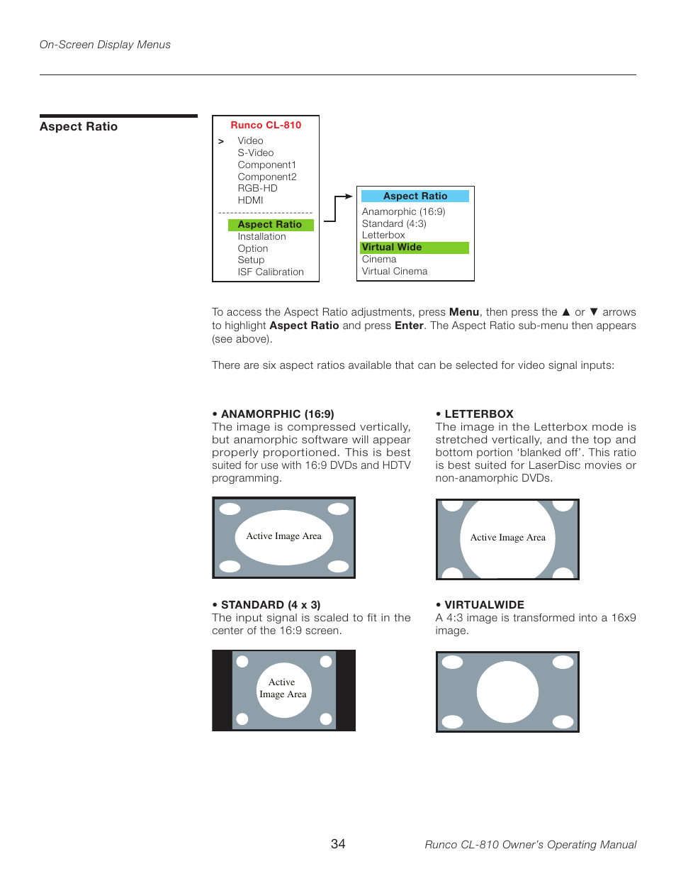 Aspect ratio | Runco CL-810 User Manual | Page 34 / 58