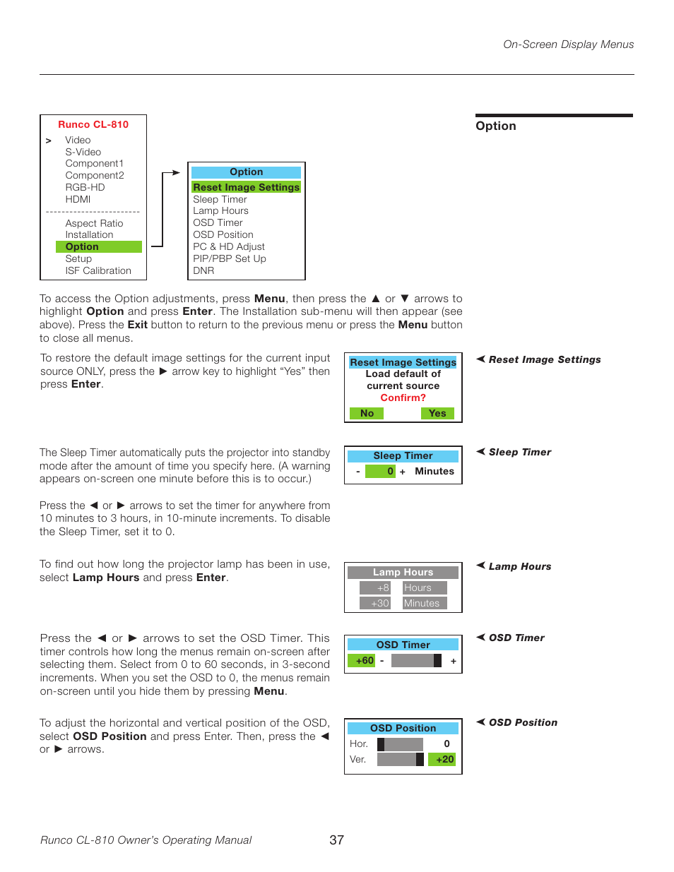 Option | Runco CL-810 User Manual | Page 37 / 58