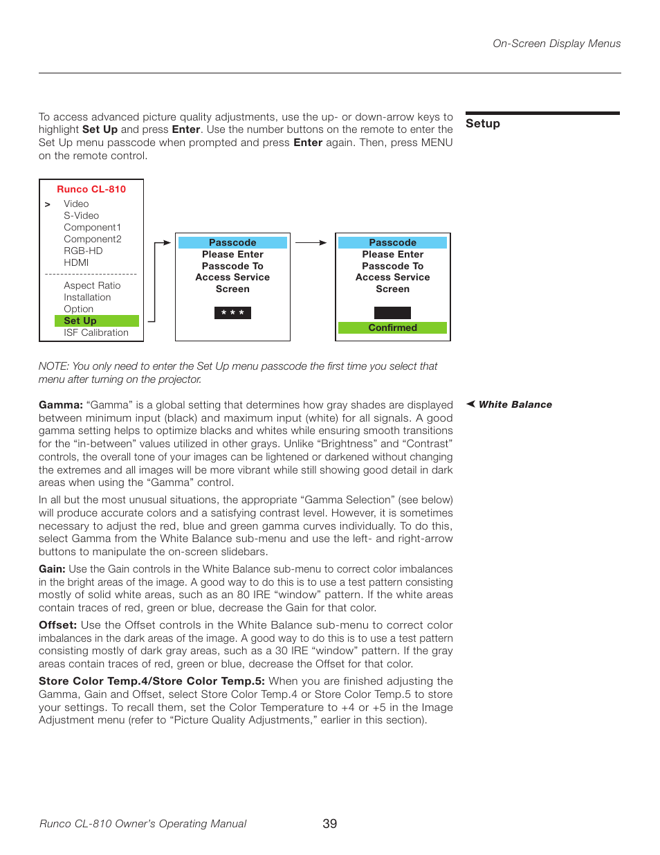 Setup | Runco CL-810 User Manual | Page 39 / 58