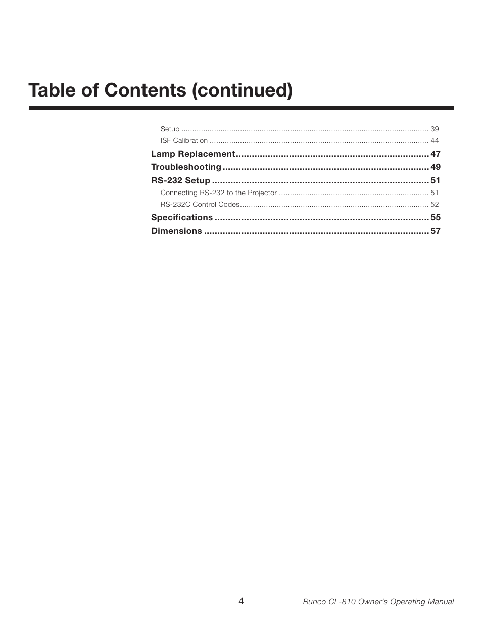 Table of contents (continued) | Runco CL-810 User Manual | Page 4 / 58