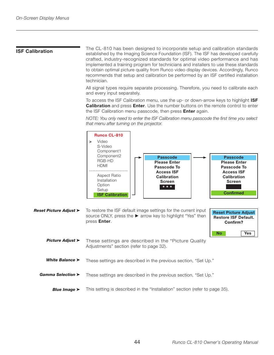 Isf calibration | Runco CL-810 User Manual | Page 44 / 58