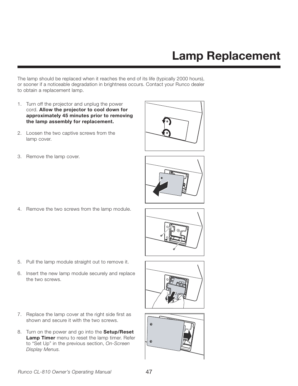 Lamp replacement | Runco CL-810 User Manual | Page 47 / 58
