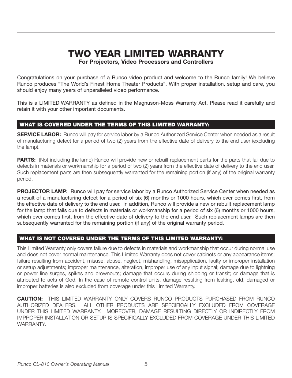 Two year limited warranty | Runco CL-810 User Manual | Page 5 / 58