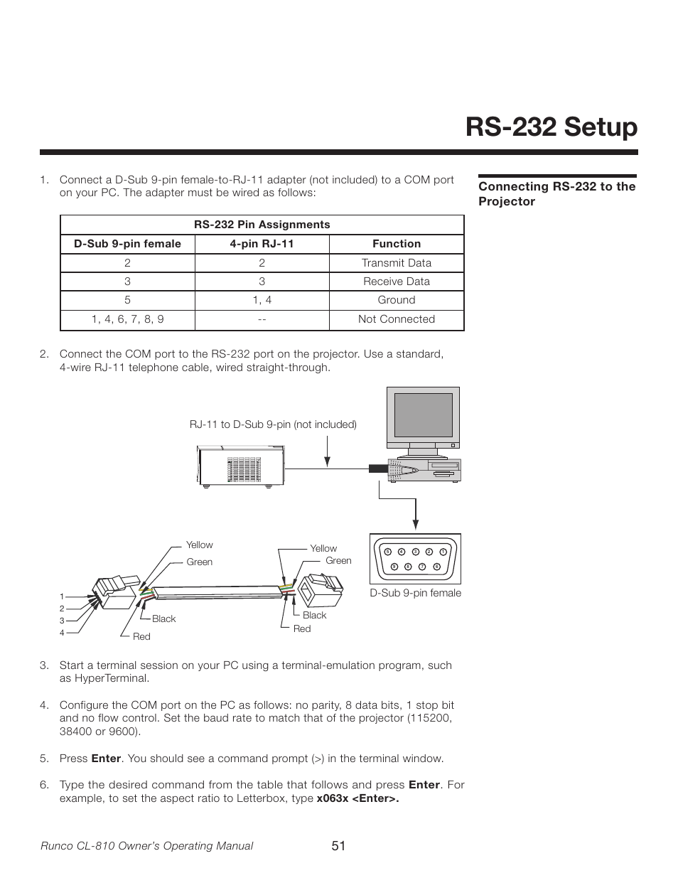 Rs-232 setup, Connecting rs-232 to the projector | Runco CL-810 User Manual | Page 51 / 58