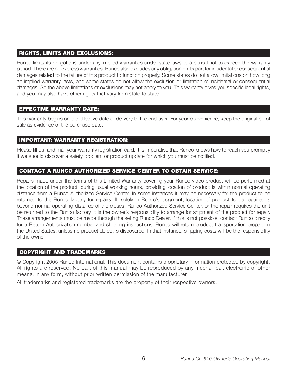 Runco CL-810 User Manual | Page 6 / 58