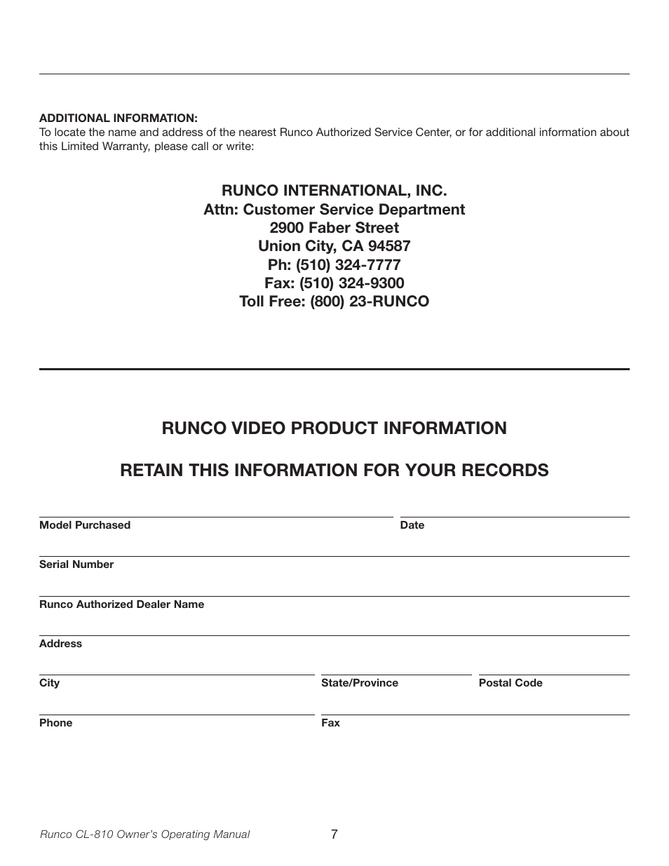 Runco CL-810 User Manual | Page 7 / 58