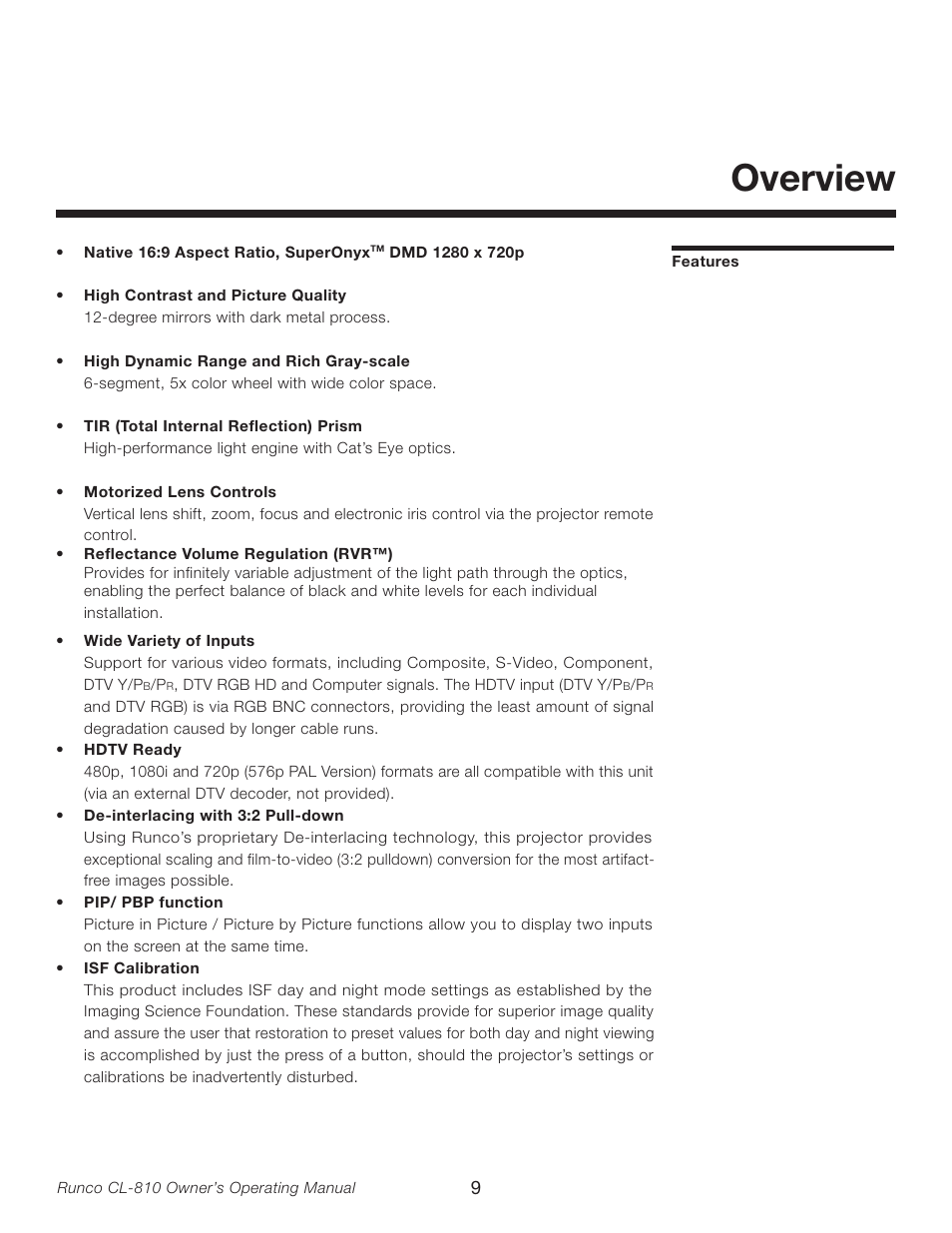 Overview, Features | Runco CL-810 User Manual | Page 9 / 58