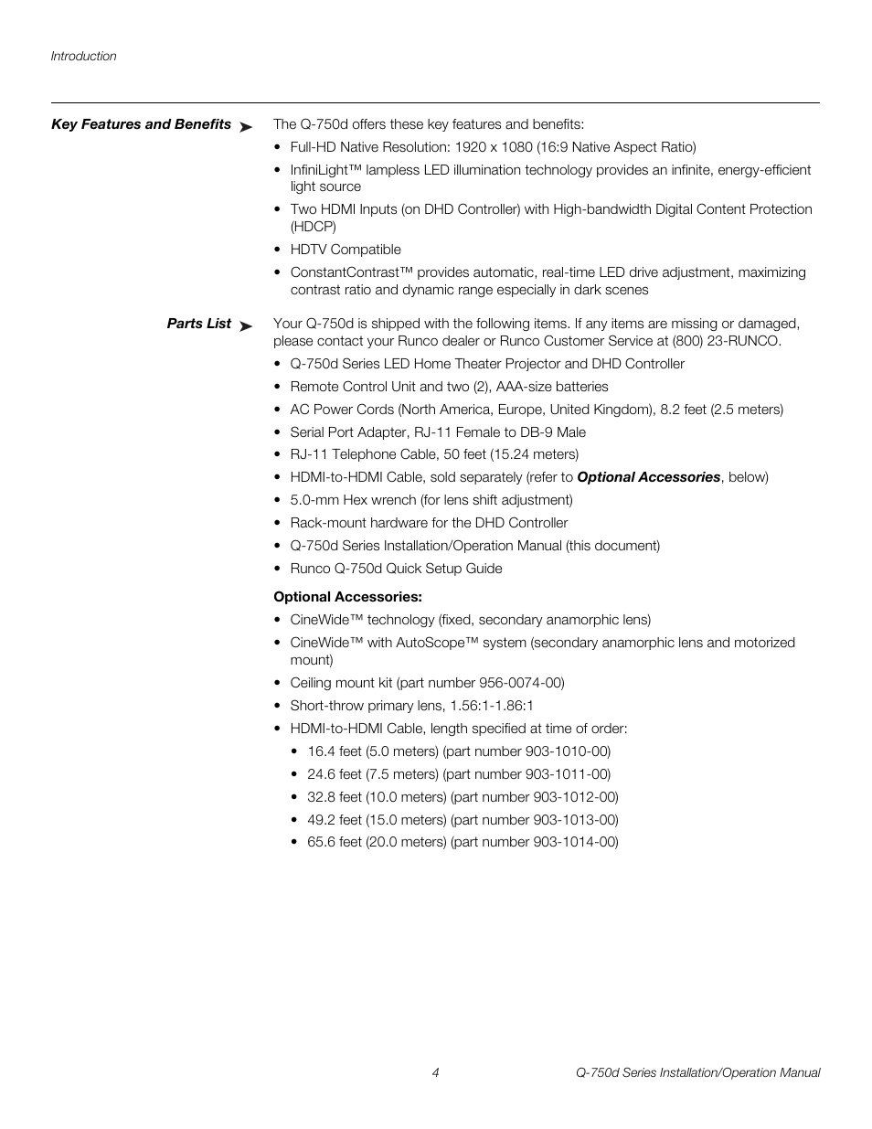 Key features and benefits, Parts list, Optional accessories | Pre l iminar y | Runco QUANTUM Q-750D User Manual | Page 20 / 106