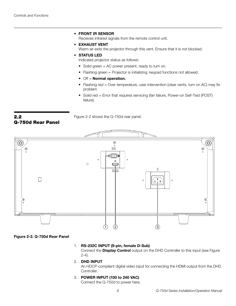 2 q-750d rear panel, Figure 2-2 . q-750d rear panel, Q-750d rear panel | 2. q-750d rear panel, Pre l iminar y | Runco QUANTUM Q-750D User Manual | Page 22 / 106