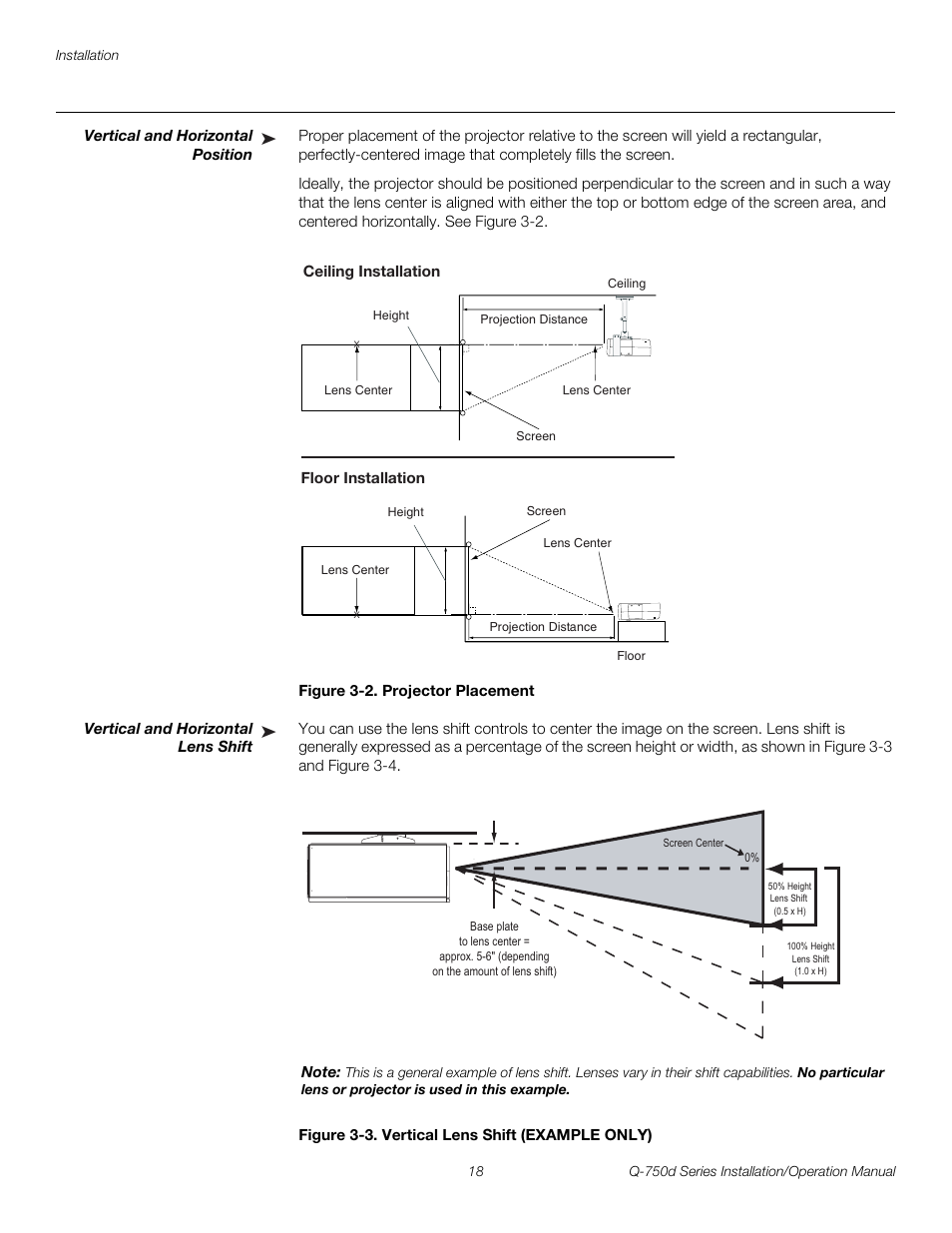 Vertical and horizontal position, Figure 3-2 . projector placement, Vertical and horizontal lens shift | Figure 3-3 . vertical lens shift (example only), 2. projector placement, 3. vertical lens shift (example only), Pre l iminar y | Runco QUANTUM Q-750D User Manual | Page 34 / 106