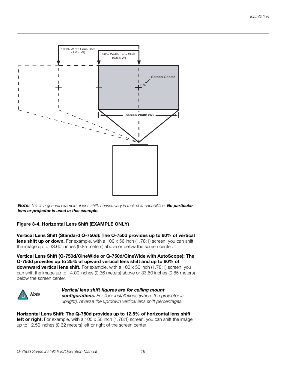 Figure 3-4 . horizontal lens shift (example only), Vertical lens shift (standard q-750d), Horizontal lens shift | 4. horizontal lens shift (example only), D figure 3-4, Pre l iminar y | Runco QUANTUM Q-750D User Manual | Page 35 / 106