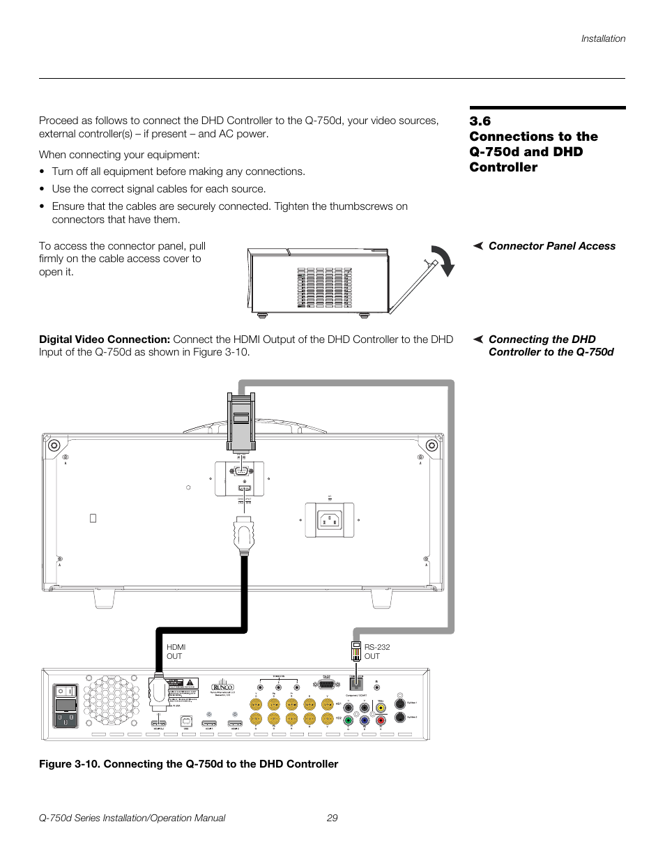6 connections to the q-750d and dhd controller, Connector panel access, Connecting the dhd controller to the q-750d | Digital video connection, Connections to the q-750d and dhd controller, 10. connecting the q-750d to the dhd controller, Pre l iminar y | Runco QUANTUM Q-750D User Manual | Page 45 / 106
