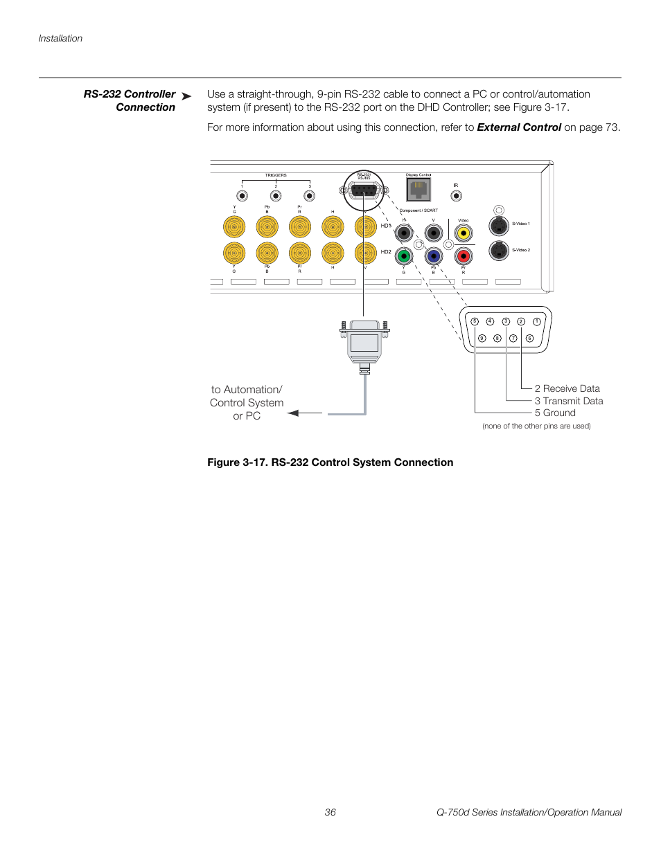 Rs-232 controller connection, Figure 3-17 . rs-232 control system connection, 17. rs-232 control system connection | Pre l iminar y | Runco QUANTUM Q-750D User Manual | Page 52 / 106