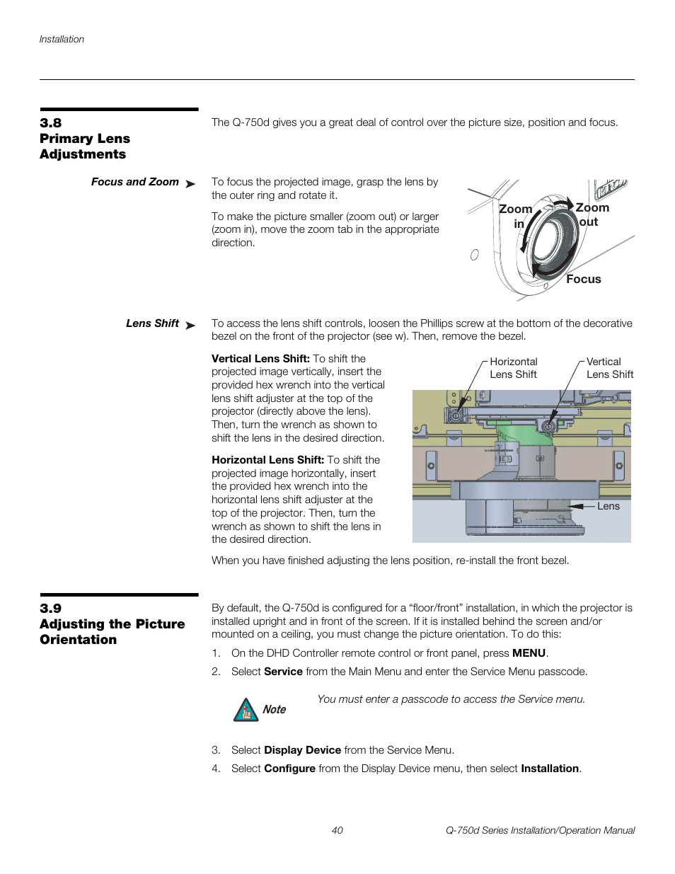 8 primary lens adjustments, Focus and zoom, Lens shift | Vertical lens shift, Horizontal lens shift, 9 adjusting the picture orientation, Iminar, Primary lens adjustments, Adjusting the picture orientation, Pre l iminar y | Runco QUANTUM Q-750D User Manual | Page 56 / 106