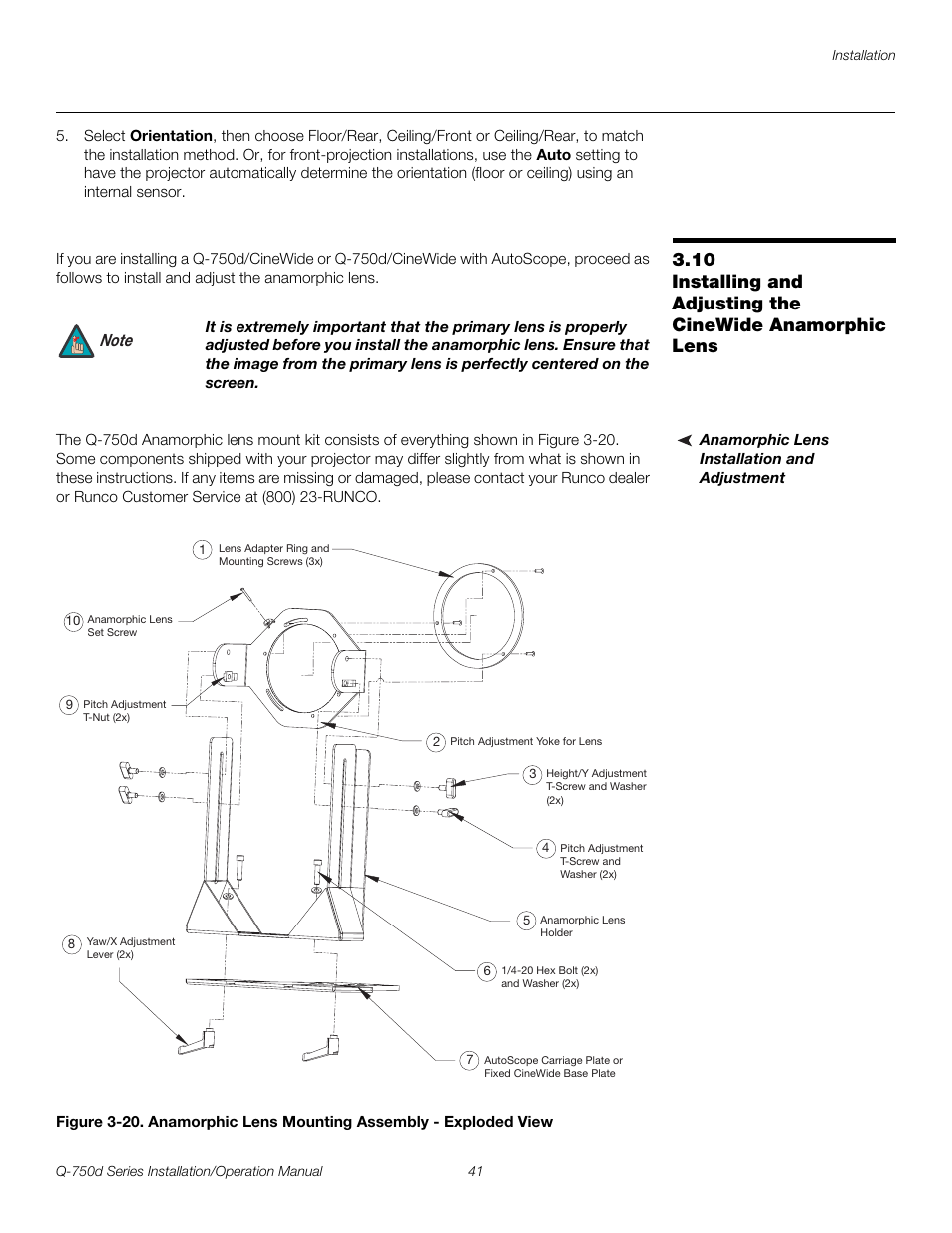 Anamorphic lens installation and adjustment, Pre l iminar y | Runco QUANTUM Q-750D User Manual | Page 57 / 106