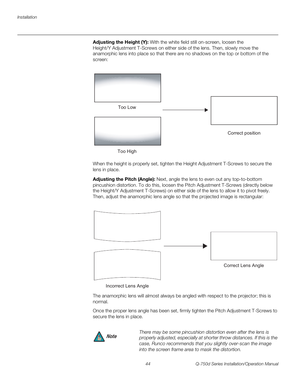 Adjusting the height (y), Adjusting the pitch (angle), Pre l iminar y | Runco QUANTUM Q-750D User Manual | Page 60 / 106