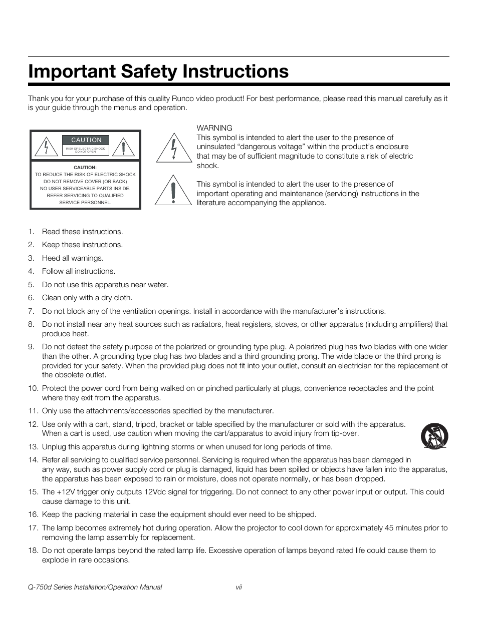 Important safety instructions, Pre l iminar y | Runco QUANTUM Q-750D User Manual | Page 7 / 106