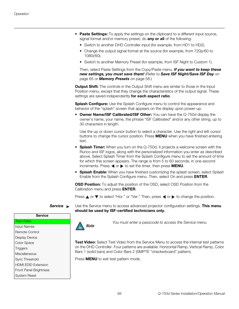 Output shift, Splash configure, Osd position | Service, Test video, Iminar, Ct service fro, Service m, E service me, Pre l iminar y | Runco QUANTUM Q-750D User Manual | Page 82 / 106