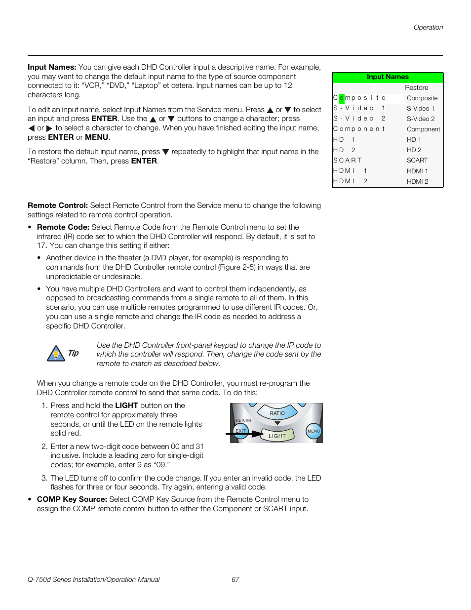 Input names, Remote control, Pre l iminar y | Runco QUANTUM Q-750D User Manual | Page 83 / 106