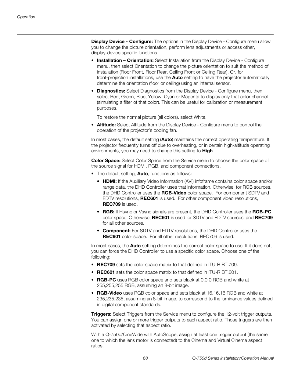 Display device - configure, Color space, Triggers | Ct diagnostics, E diagnostics, He diagnostics, Pre l iminar y | Runco QUANTUM Q-750D User Manual | Page 84 / 106