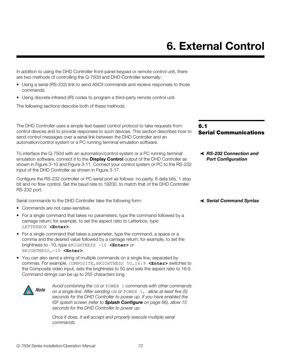 External control, 1 serial communications, Rs-232 connection and port configuration | Serial command syntax, Serial communications, Pre l iminar y | Runco QUANTUM Q-750D User Manual | Page 89 / 106