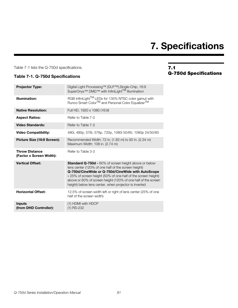 Specifications, 1 q-750d specifications, Table 7-1 . q-750d specifications | Q-750d specifications, Pre l iminar y | Runco QUANTUM Q-750D User Manual | Page 97 / 106