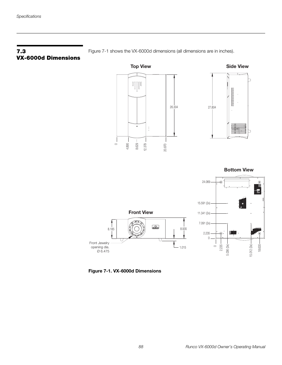 3 vx-6000d dimensions, Figure 7-1 . vx-6000d dimensions, Vx-6000d dimensions | Preli m inary | Runco Video Xtreme VX-6000d User Manual | Page 100 / 102