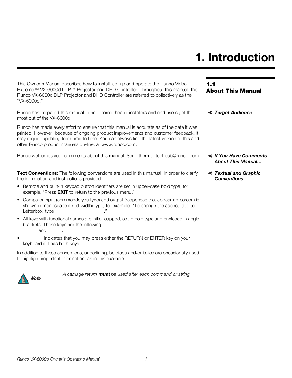Introduction, 1 about this manual, Target audience | If you have comments about this manual, Textual and graphic conventions, Text conventions, About this manual, Pre l iminar y | Runco Video Xtreme VX-6000d User Manual | Page 13 / 102