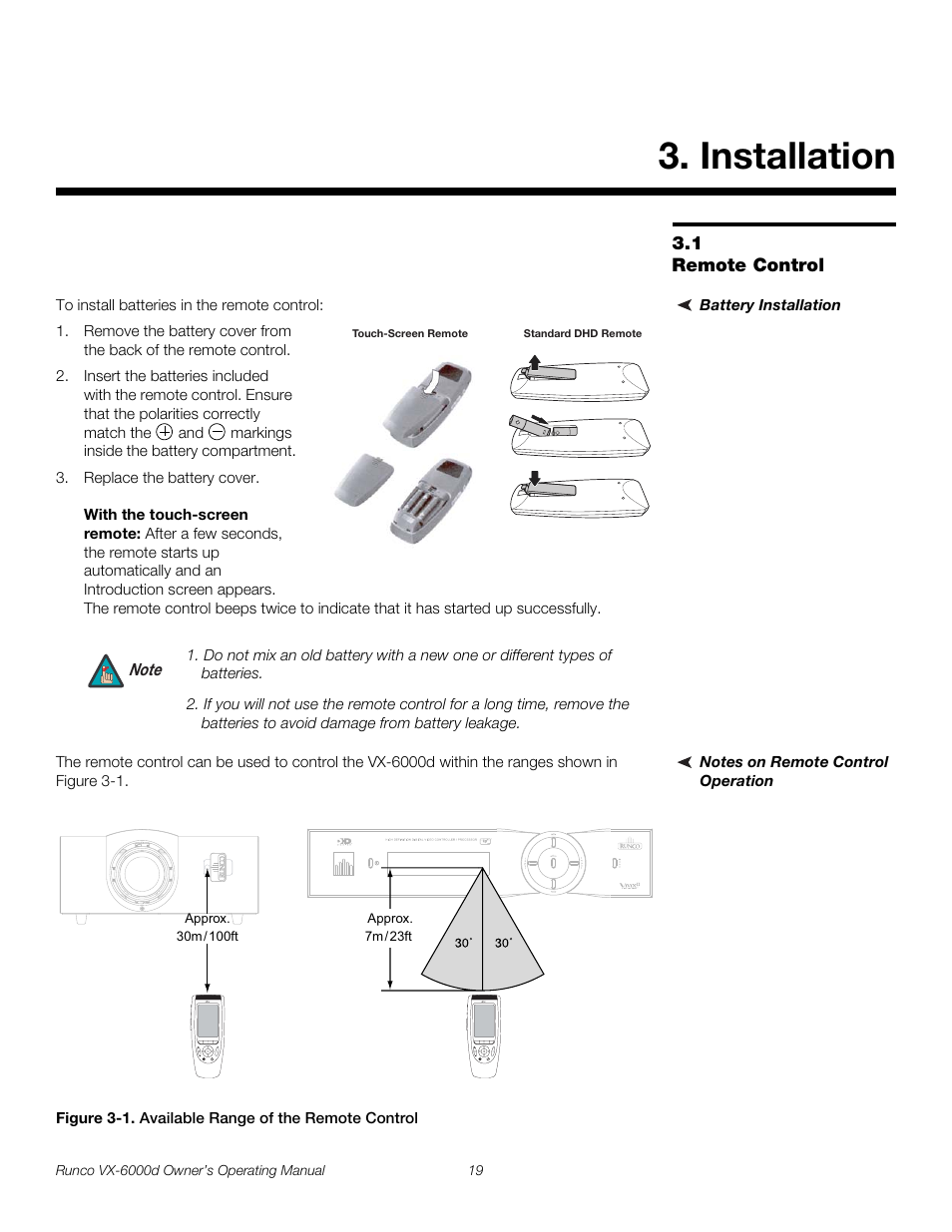 Installation, 1 remote control, Battery installation | Notes on remote control operation, Figure 3-1 . available range of the remote control, Remote control, 1. available range of the remote control, Pre l iminar y | Runco Video Xtreme VX-6000d User Manual | Page 31 / 102