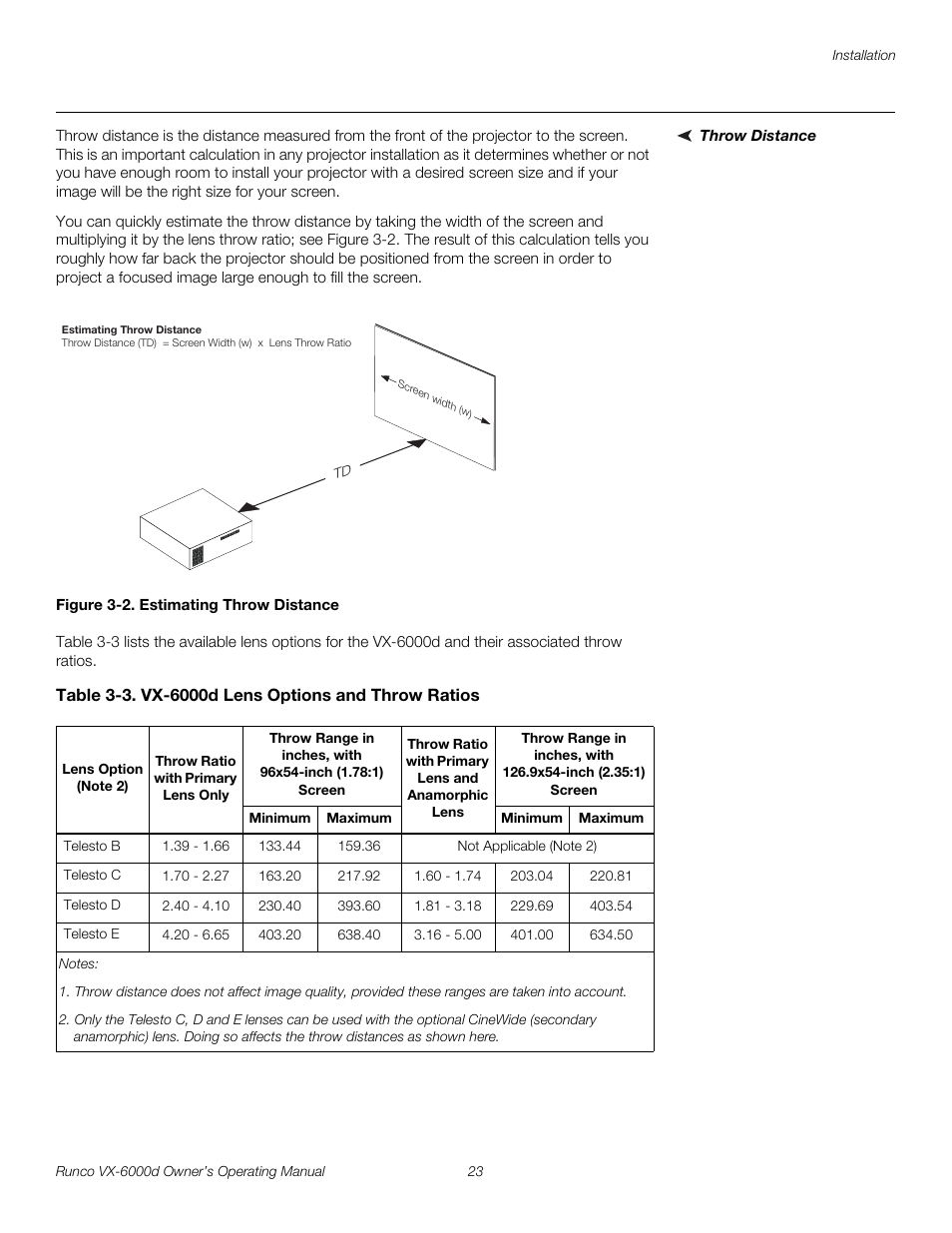 Throw distance, Figure 3-2 . estimating throw distance, Table 3-3 . vx-6000d lens options and throw ratios | 2. estimating throw distance, Pre l iminar y | Runco Video Xtreme VX-6000d User Manual | Page 35 / 102