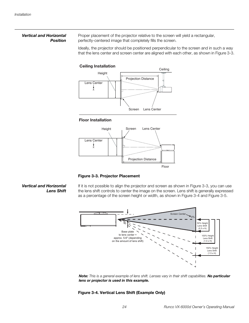 Vertical and horizontal position, Figure 3-3 . projector placement, Vertical and horizontal lens shift | Figure 3-4 . vertical lens shift (example only), 3. projector placement, 4. vertical lens shift (example only), Pre l iminar y | Runco Video Xtreme VX-6000d User Manual | Page 36 / 102
