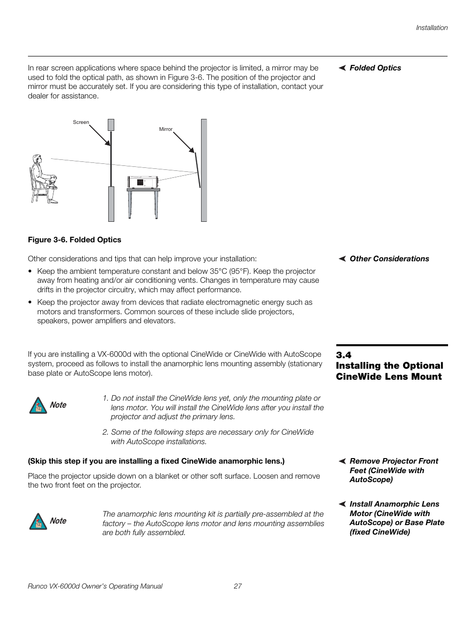 Folded optics, Figure 3-6 . folded optics, Other considerations | 4 installing the optional cinewide lens mount, Installing the optional cinewide lens mount, Base plate (fixed cinewide), 6. folded optics, Pre l iminar y | Runco Video Xtreme VX-6000d User Manual | Page 39 / 102