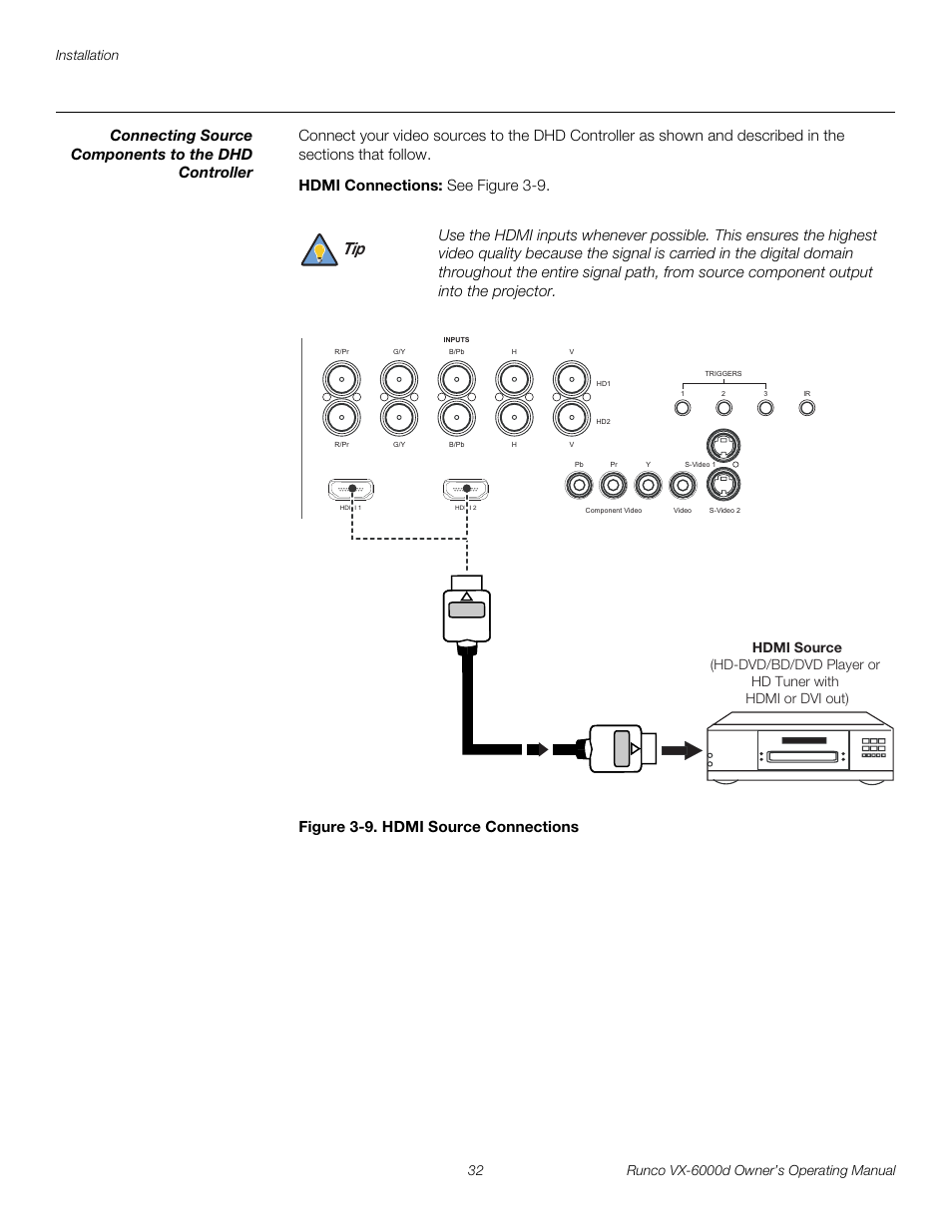 Connecting source components to the dhd controller, Hdmi connections, Figure 3-9 . hdmi source connections | 9. hdmi source connections, Pre l iminar y | Runco Video Xtreme VX-6000d User Manual | Page 44 / 102