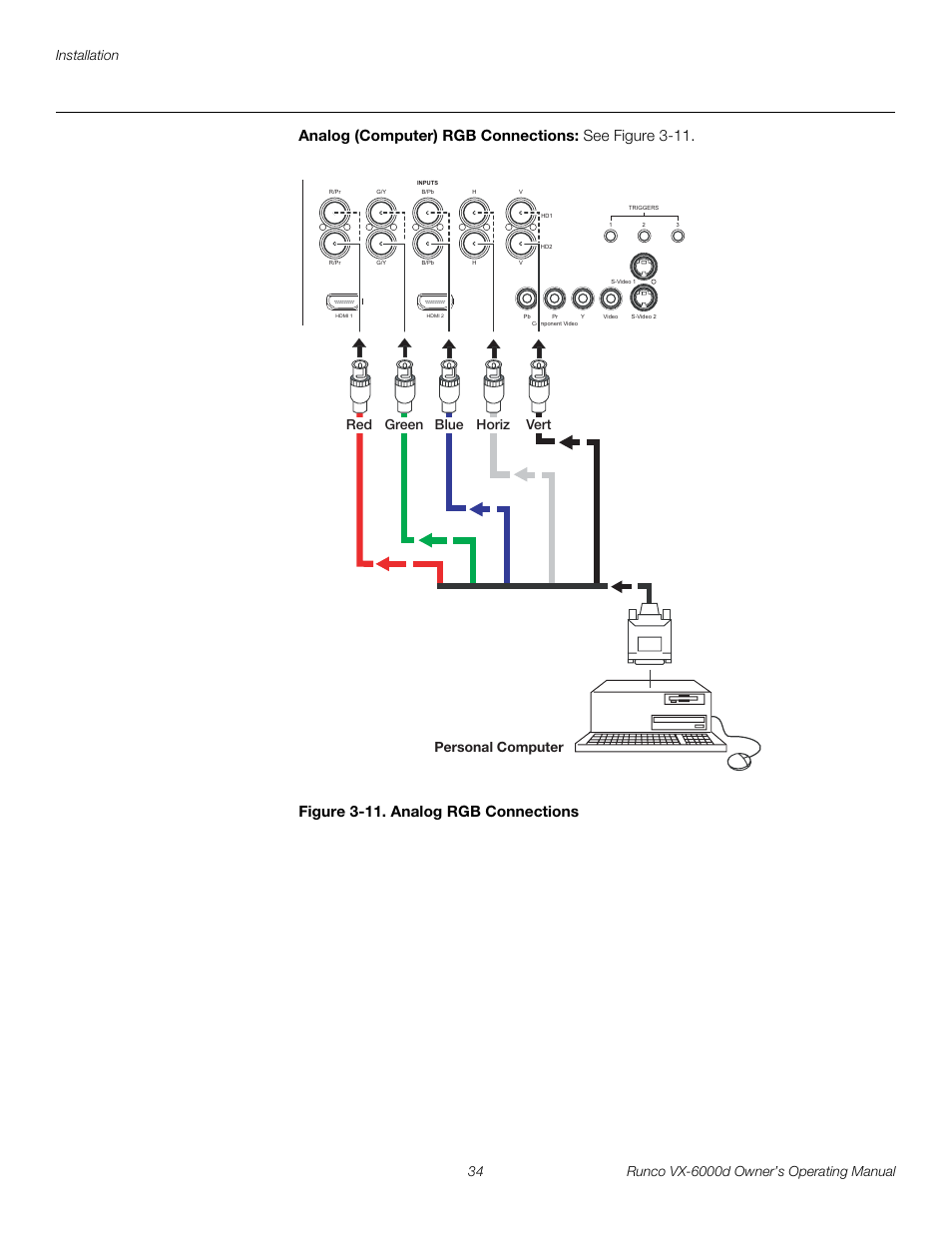 Analog (computer) rgb connections, Figure 3-11 . analog rgb connections, 11. analog rgb connections | Pre l iminar y | Runco Video Xtreme VX-6000d User Manual | Page 46 / 102