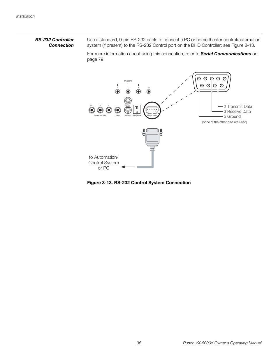 Rs-232 controller connection, Figure 3-13 . rs-232 control system connection, 13. rs-232 control system connection | Pre l iminar y | Runco Video Xtreme VX-6000d User Manual | Page 48 / 102